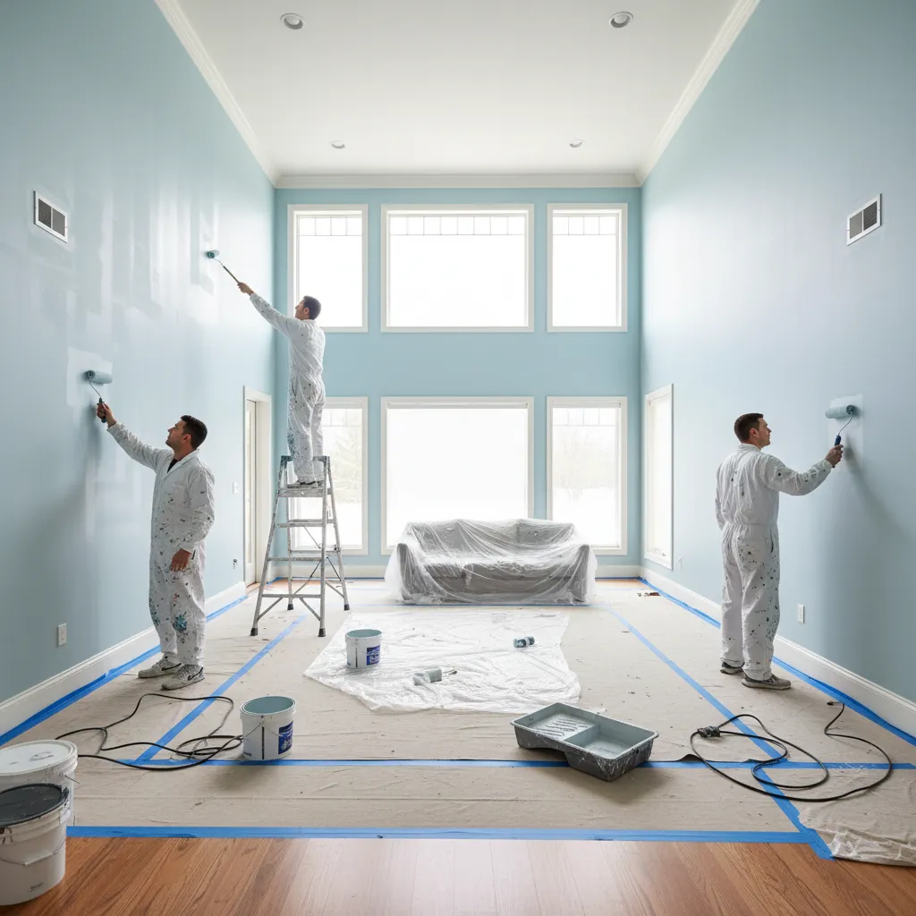 professional painters rolling paint on interior walls of large home