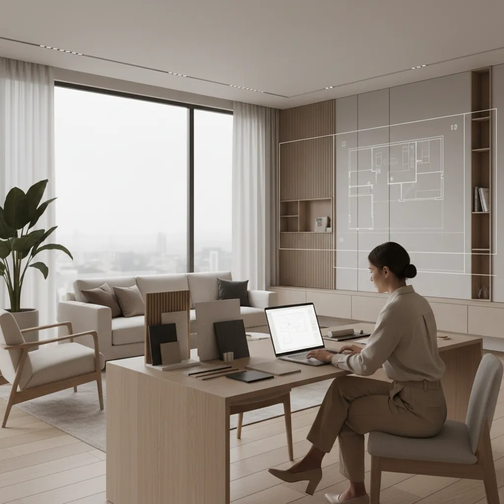 interior designer planning wall panel layout using room layout visualization
