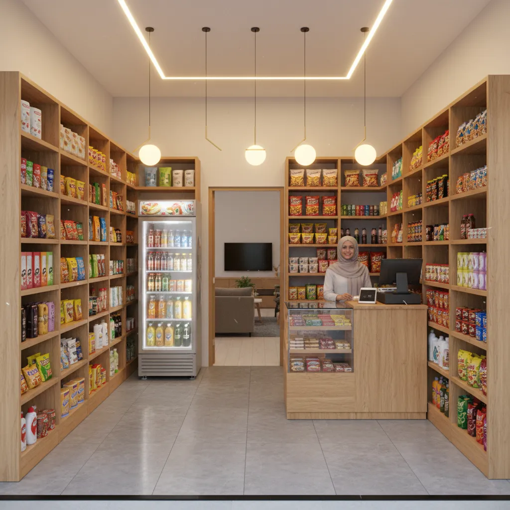 Interior warung kecil yang rapi di bagian depan rumah