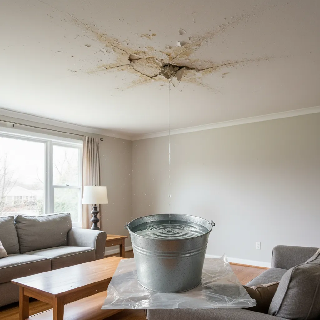 ceiling water damage caused by leaking roof