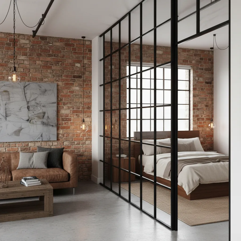 ventana interior estilo industrial con marco negro