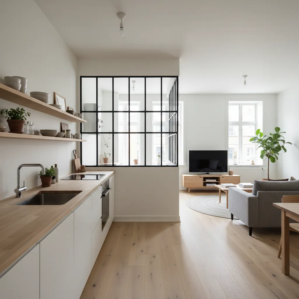 ventana interior entre cocina y salón moderna