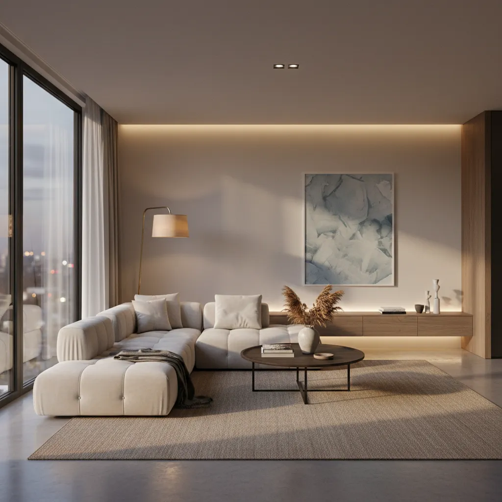 Interior render showing balanced window daylight and warm interior lights