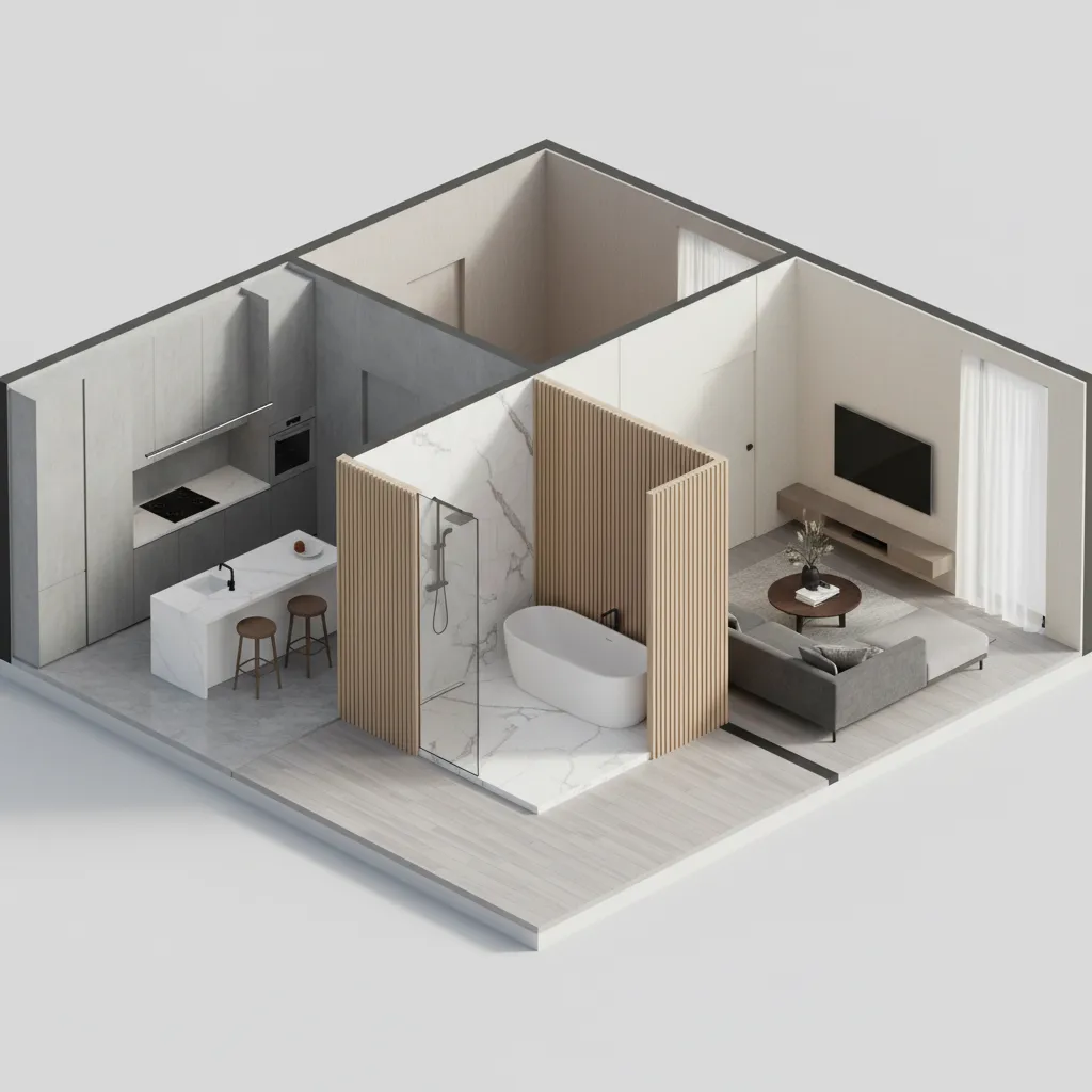 Interior layout diagram showing different finish board materials used in kitchen living room and bathroom zones