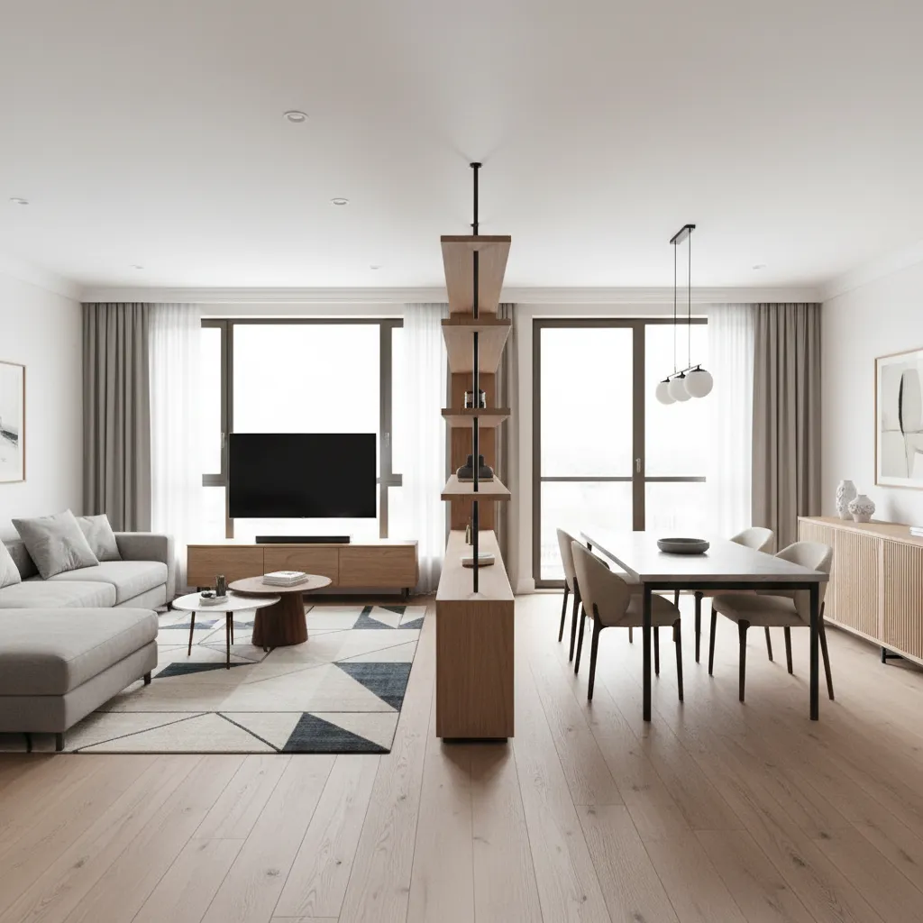 Salón moderno con zonas diferenciadas de estar y comedor