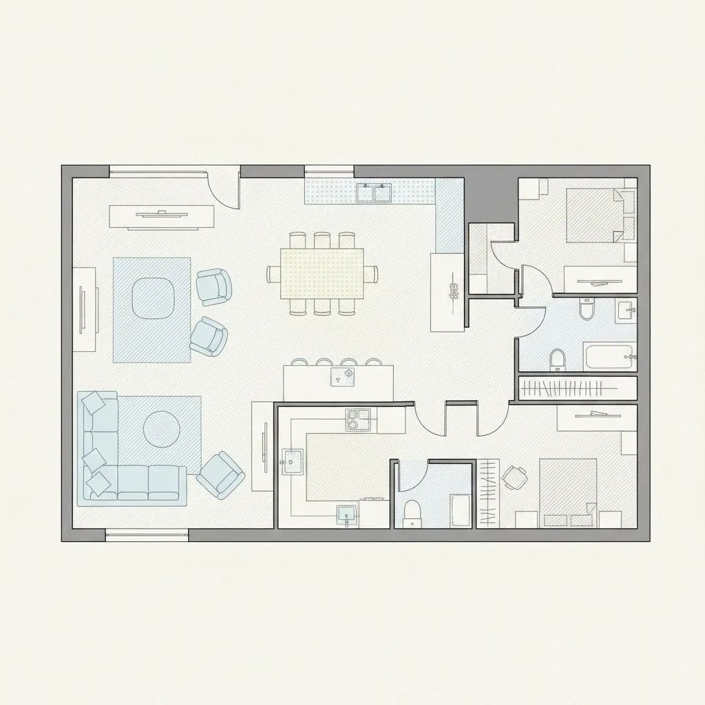 Plano conceptual con zonas de uso marcadas mediante hatch