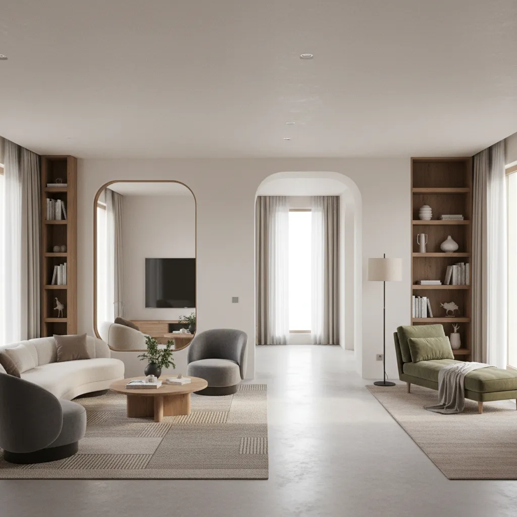 Living room divided into functional zones for conversation work and circulation