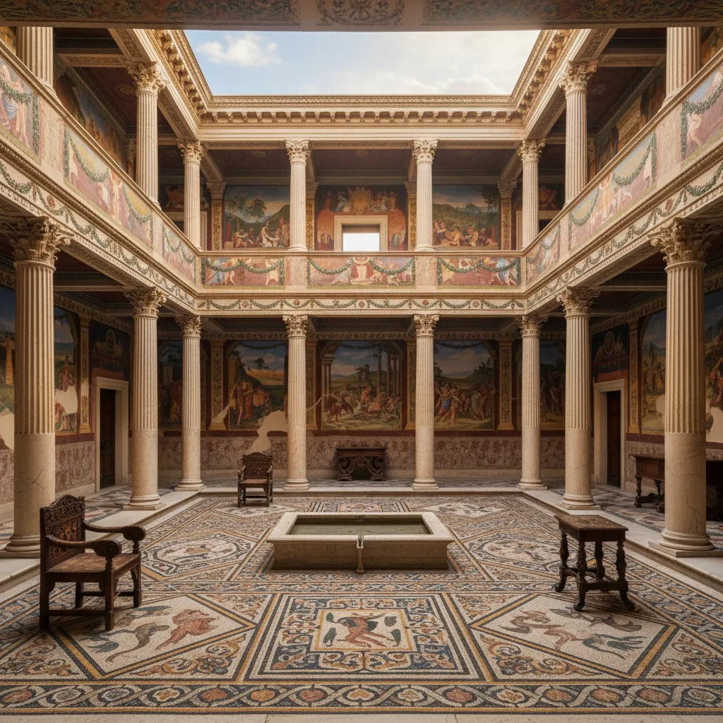 Interior inspirado en villas romanas con mosaicos y columnas