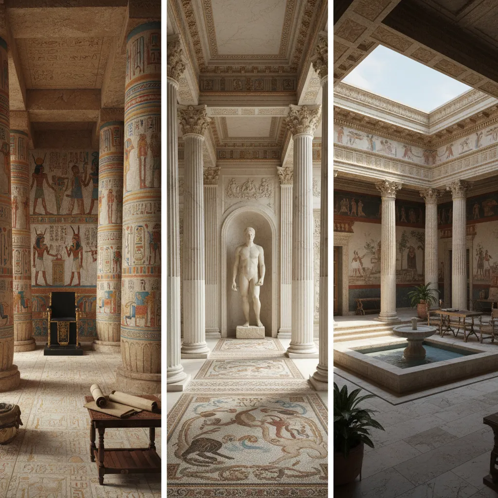 Recreación de interiores de civilizaciones antiguas como Egipto, Grecia y Roma