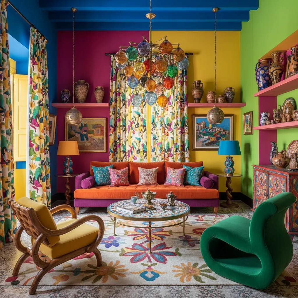 Salón colorido inspirado en el estilo creativo de interioristas españoles