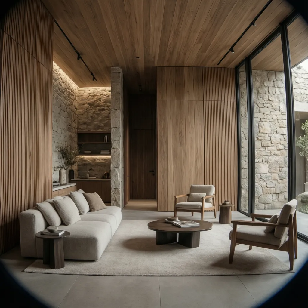 Interior con materiales naturales y diseño conceptual