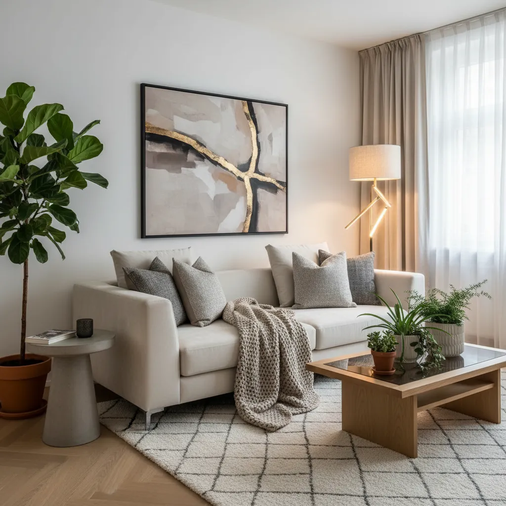 Salón moderno decorado con textiles, arte y muebles de diseño