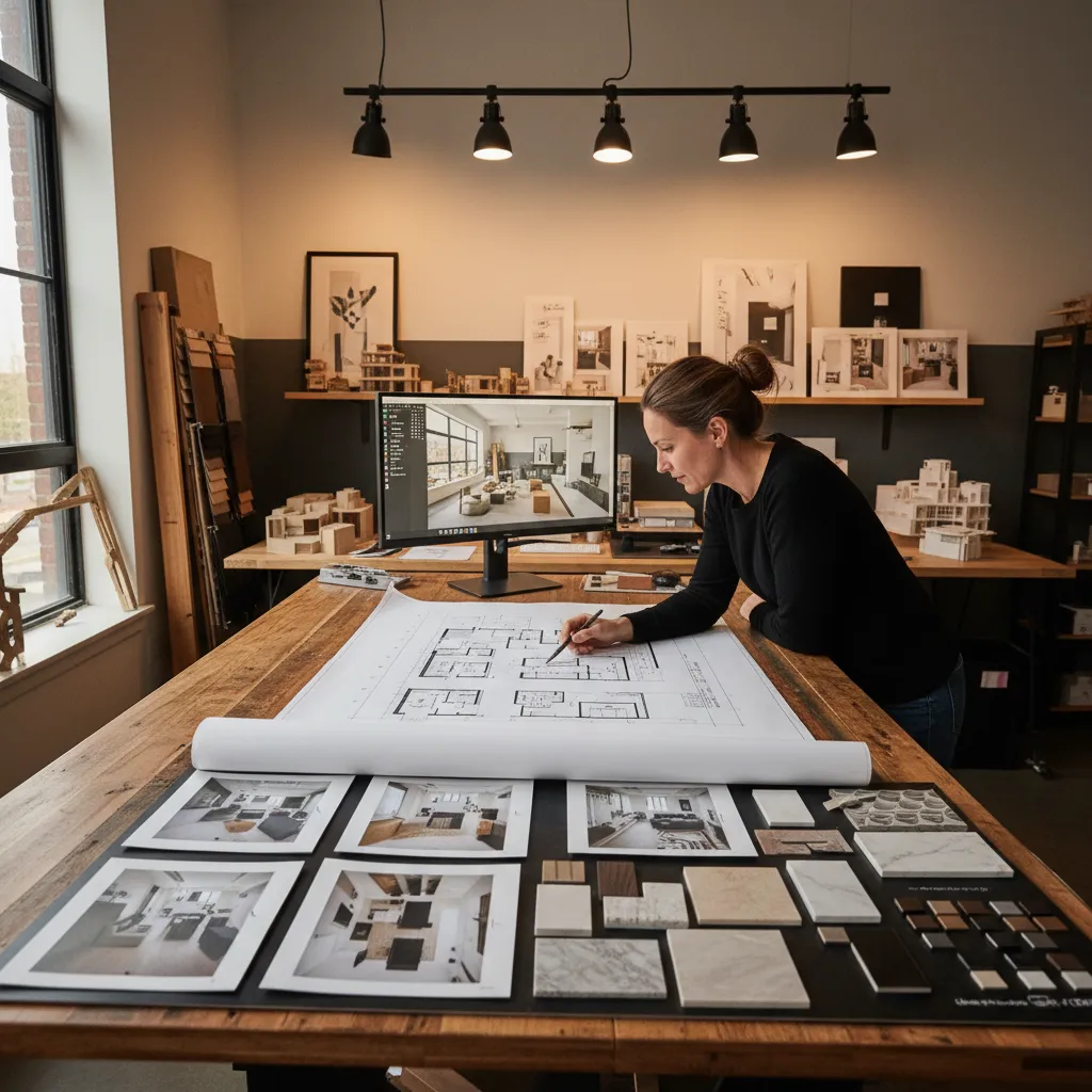 Female designer working at wooden desk with computer monitor showing room layout and floor plans