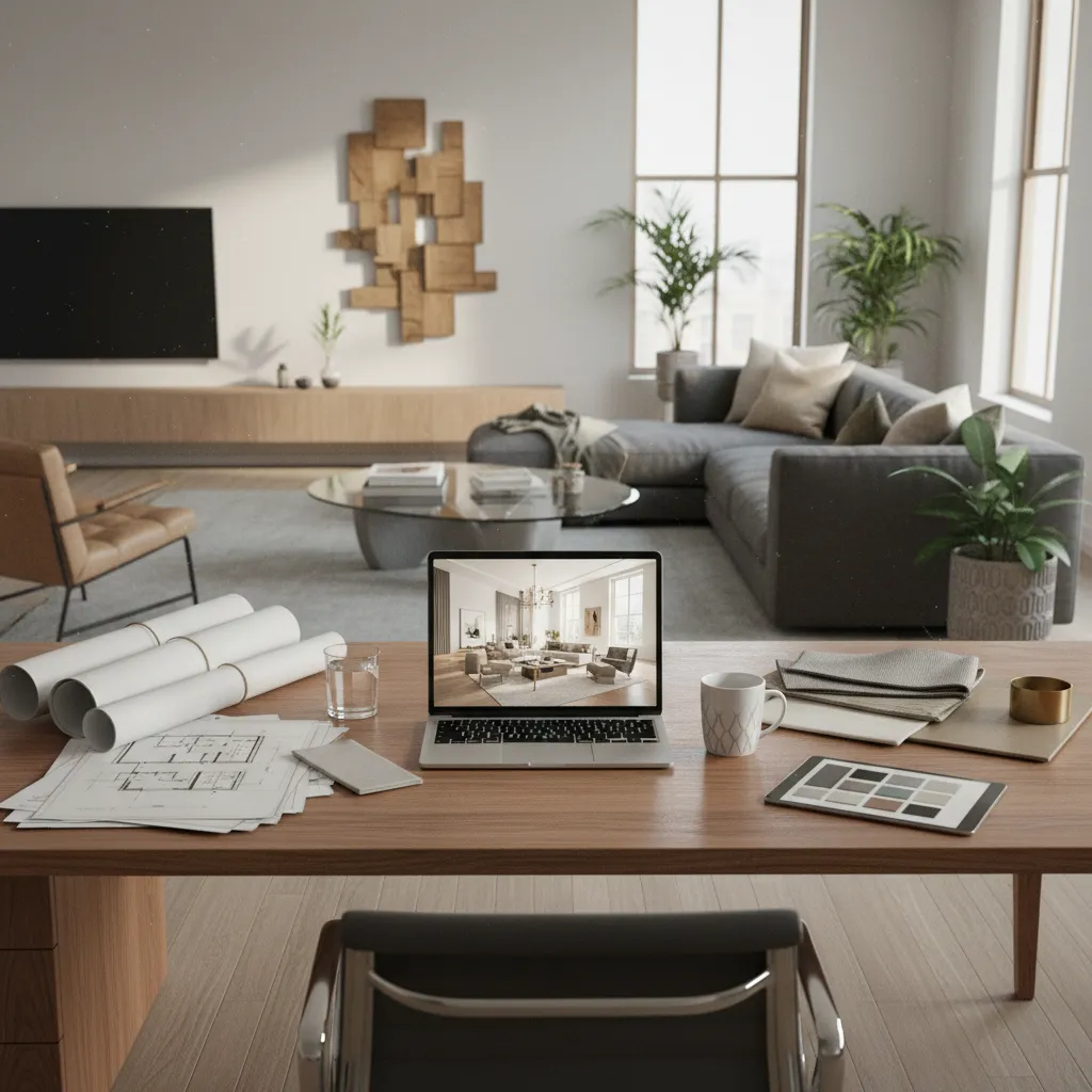 Wooden desk with laptop showing interior design drawing plus paper rolls and modern living room
