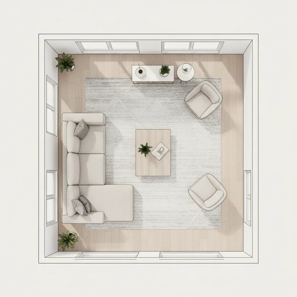Plano de distribución de un salón con muebles organizados