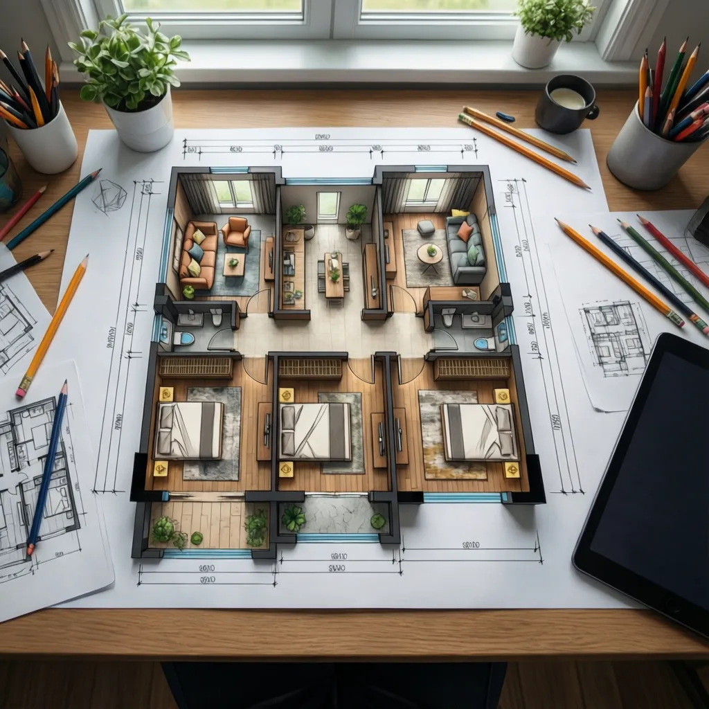 Plano de distribución de un apartamento con zonas de salón, cocina y dormitorio