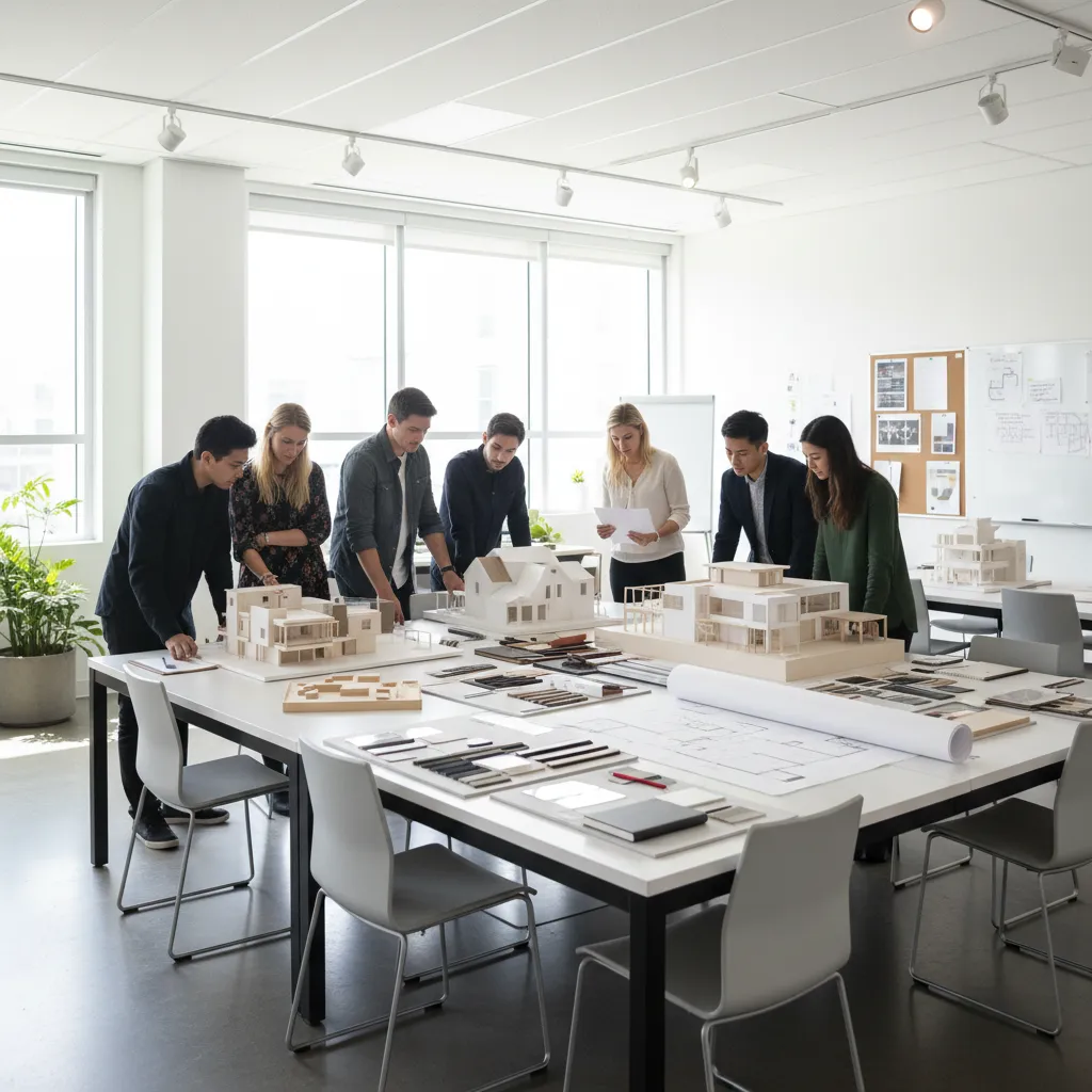 Estudiantes de diseño de interiores revisando maquetas y planos