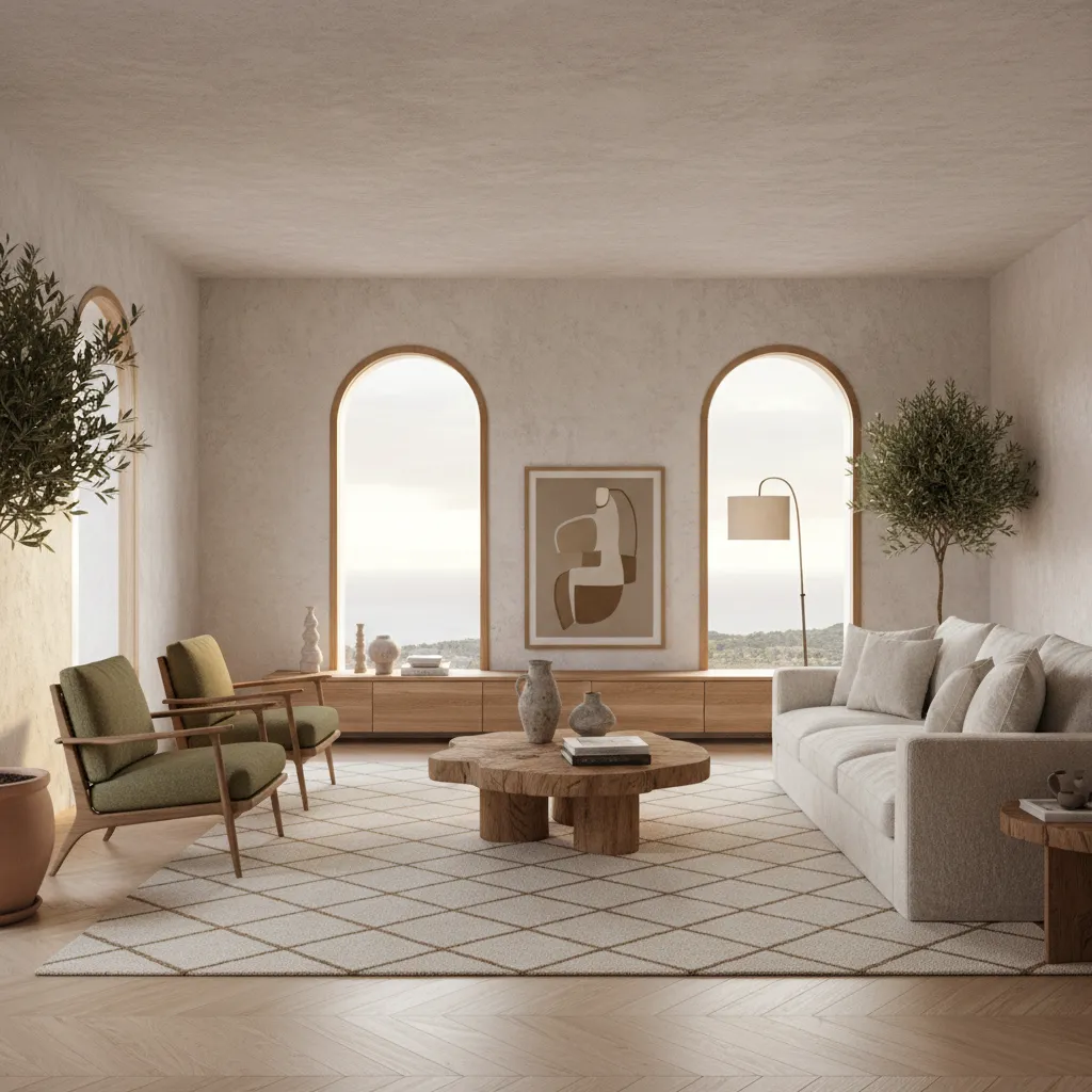 Modern living room with two green chairs beige sofa arched windows and a coffee table
