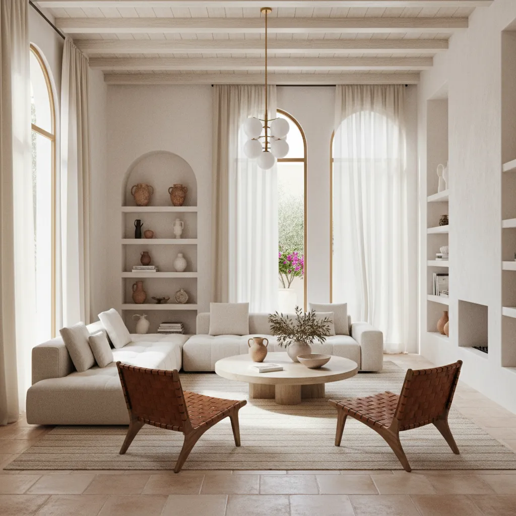 Minimalist white living room with cream sofa two woven chairs round coffee table and windows