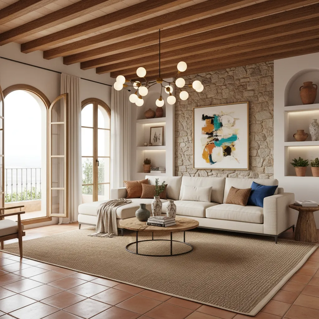 Rustic living room with wooden ceiling beams stone wall white sofa round coffee table ceiling light