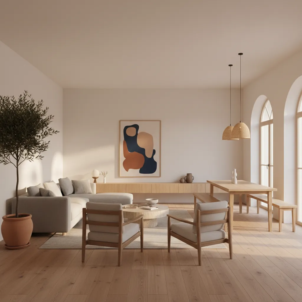 Espacio interior contemporáneo con luz natural y materiales mediterráneos