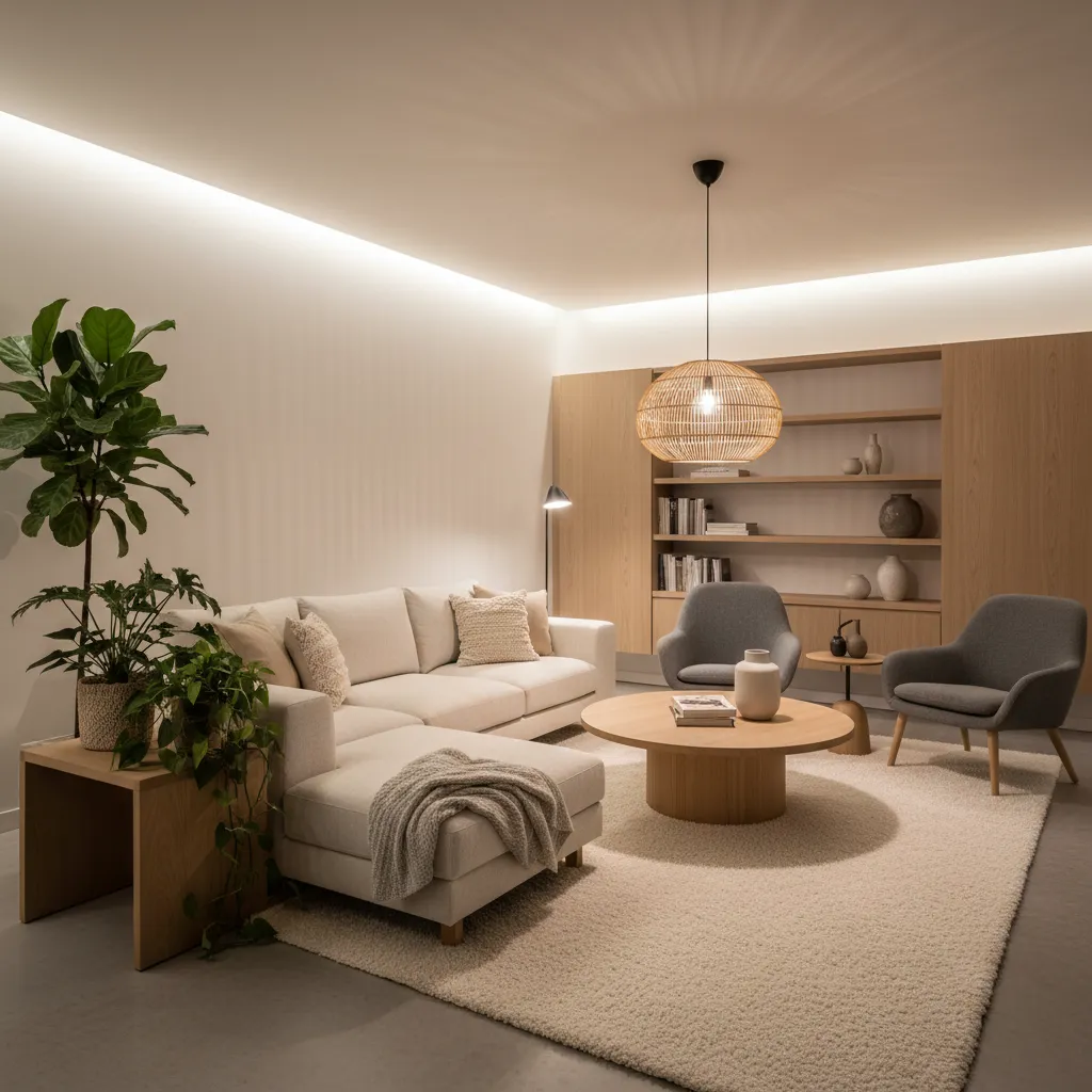 Cozy living room featuring white sofa grey chairs wooden coffee table and woven ceiling light