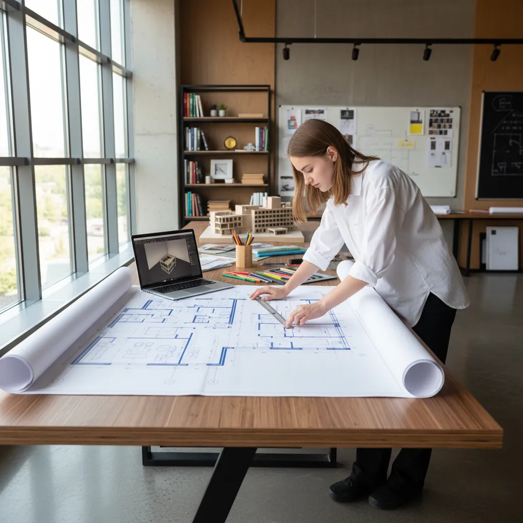 Female designer working on a large paper floor plan using a ruler and a laptop