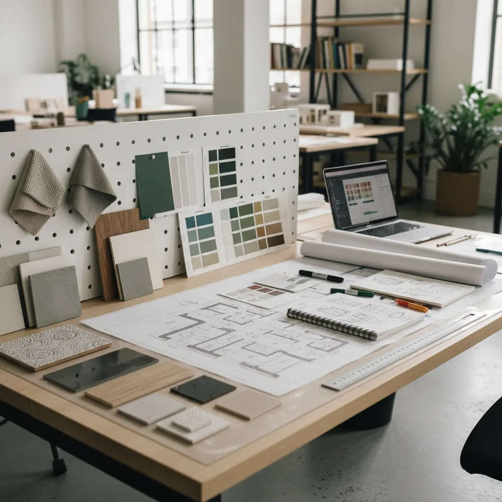 Estudiante de interiorismo trabajando con planos y muestras de materiales