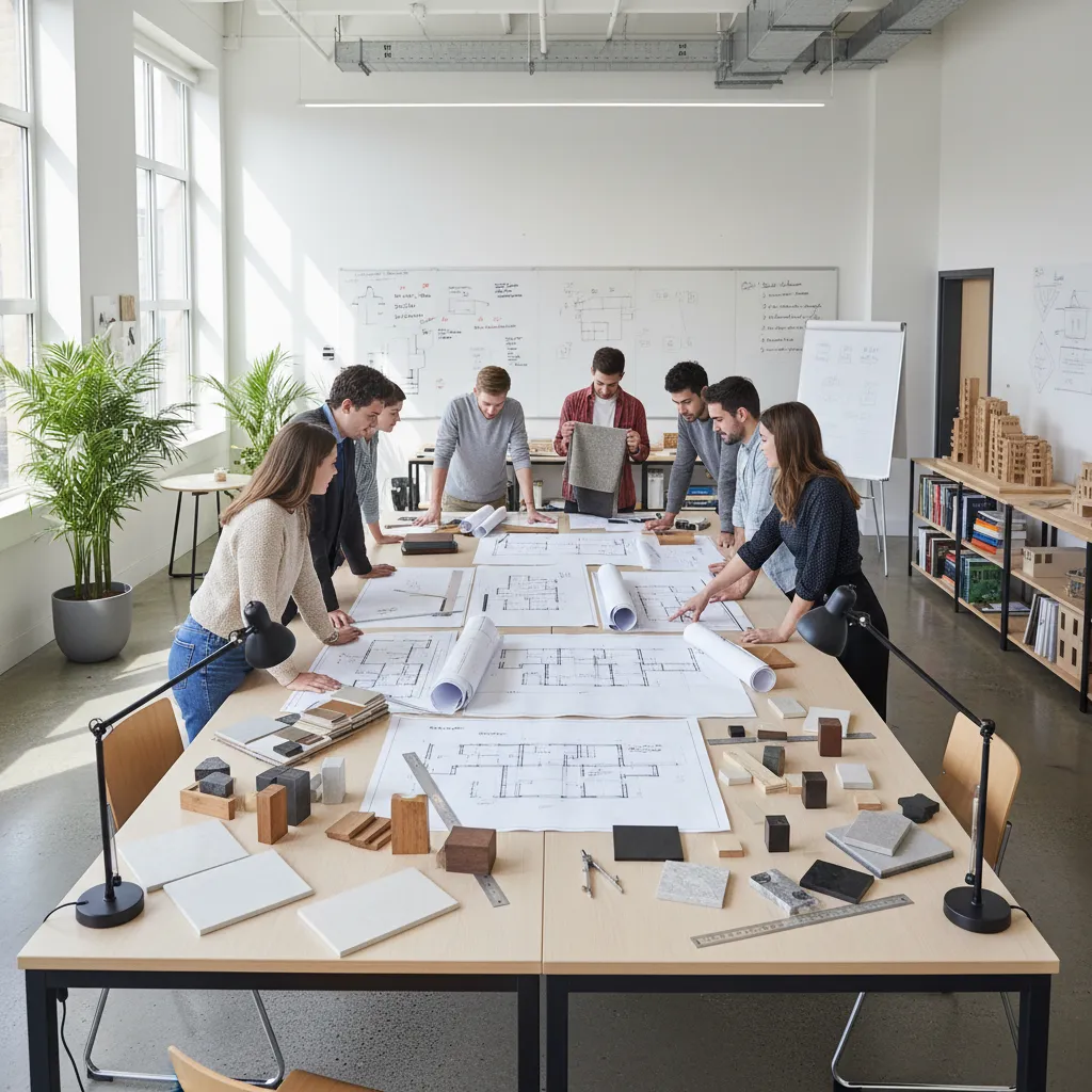 Grupo de estudiantes de diseño revisando planos de interiorismo en un aula