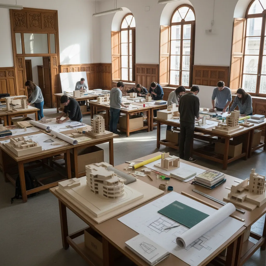 Interior design students building wood house models on large tables in a bright sunny studio