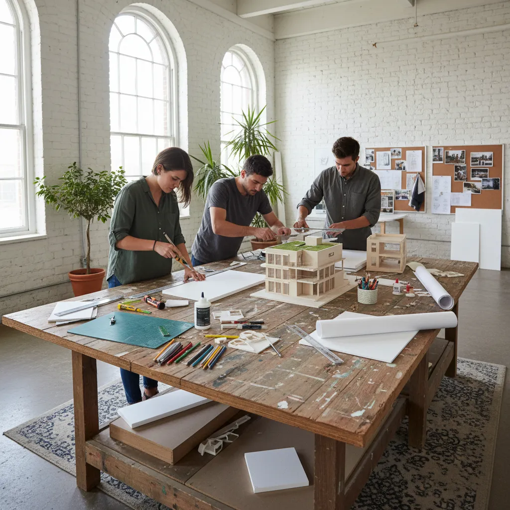 Estudiantes de diseño de interiores trabajando en una maqueta arquitectónica