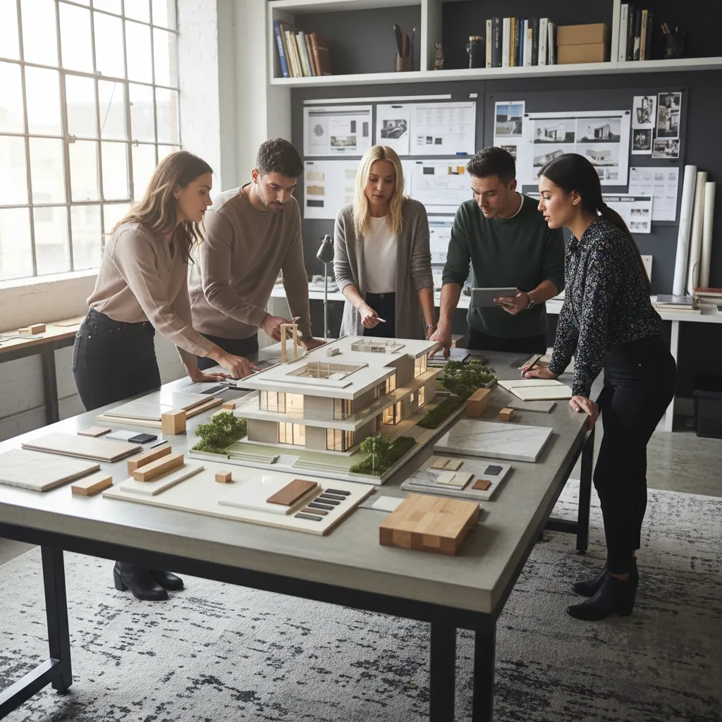 Estudiantes de interiorismo revisando una maqueta arquitectónica