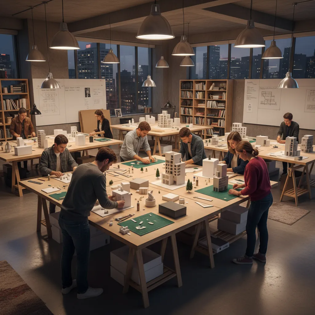 Estudiantes construyendo maquetas de interiores en un taller