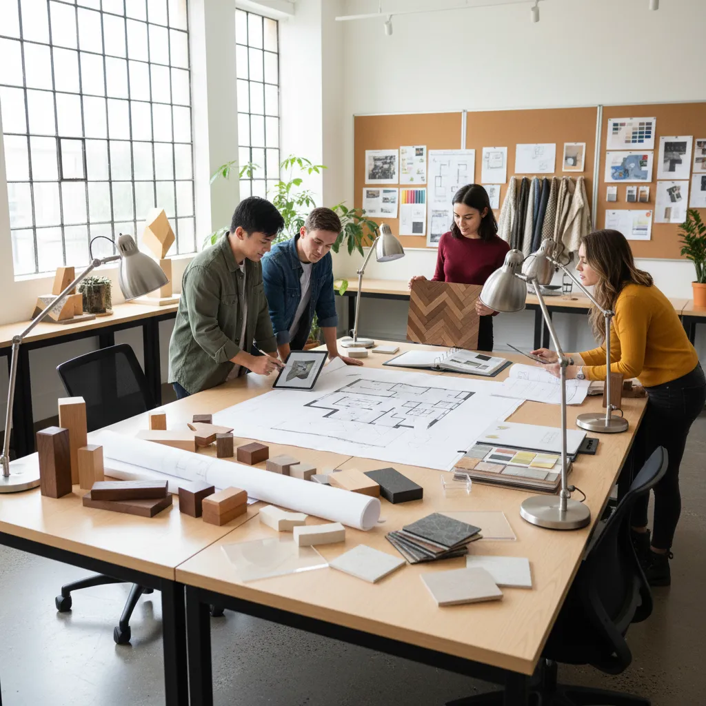 Estudiantes de interiorismo revisando planos y materiales en una mesa de trabajo
