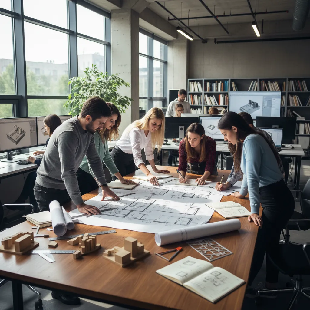 Grupo de estudiantes analizando planos de distribución en clase de interiorismo