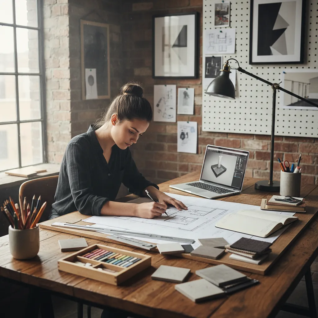 Estudiante revisando planos de distribución interior en mesa de trabajo