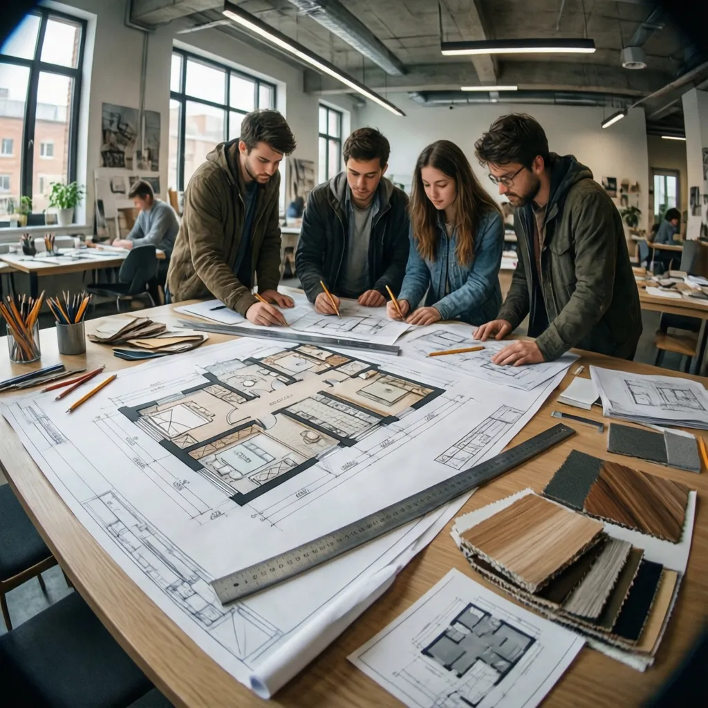 Estudiantes de diseño revisando planos de interiorismo sobre una mesa