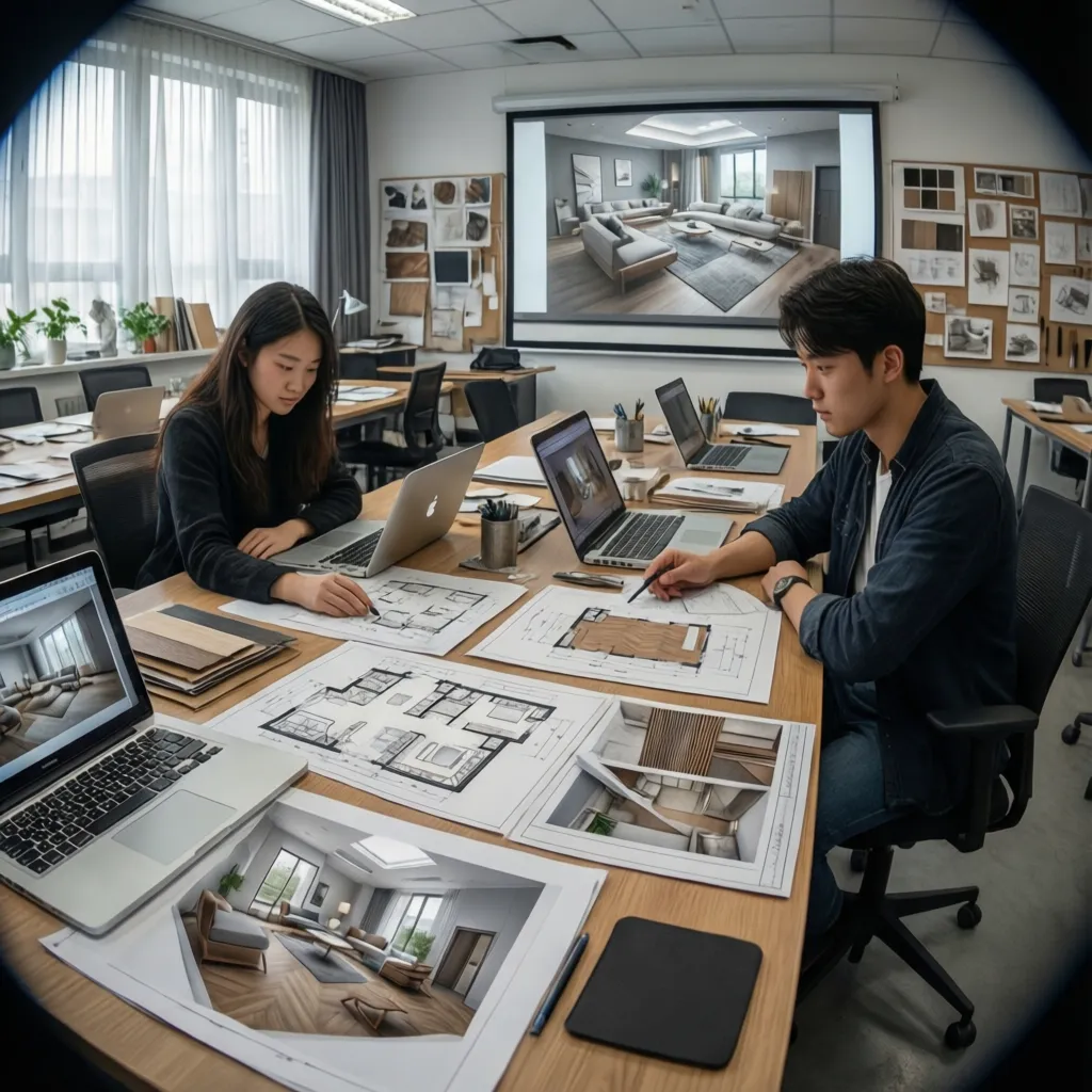 Estudiantes de diseño de interiores trabajando en planos y modelos 3D