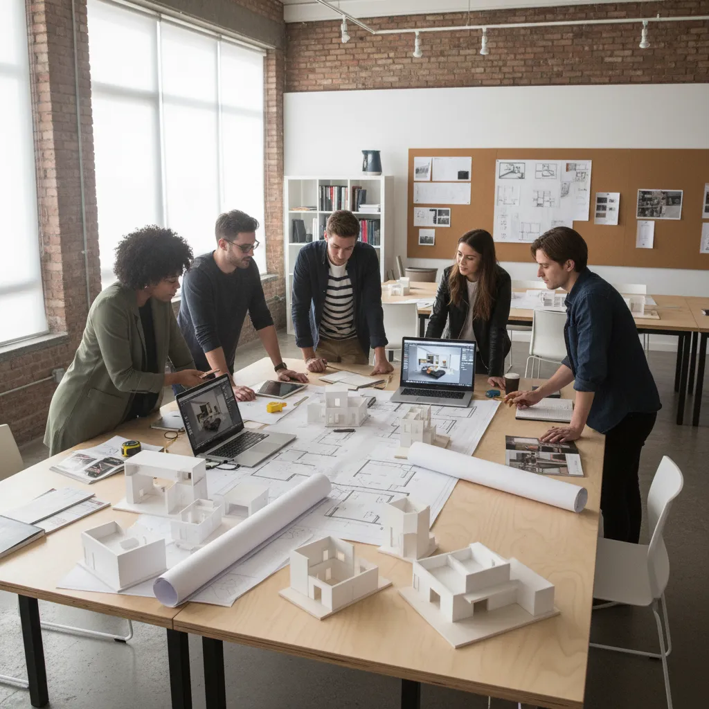 Estudiantes de interiorismo revisando planos y maquetas en un aula de diseño