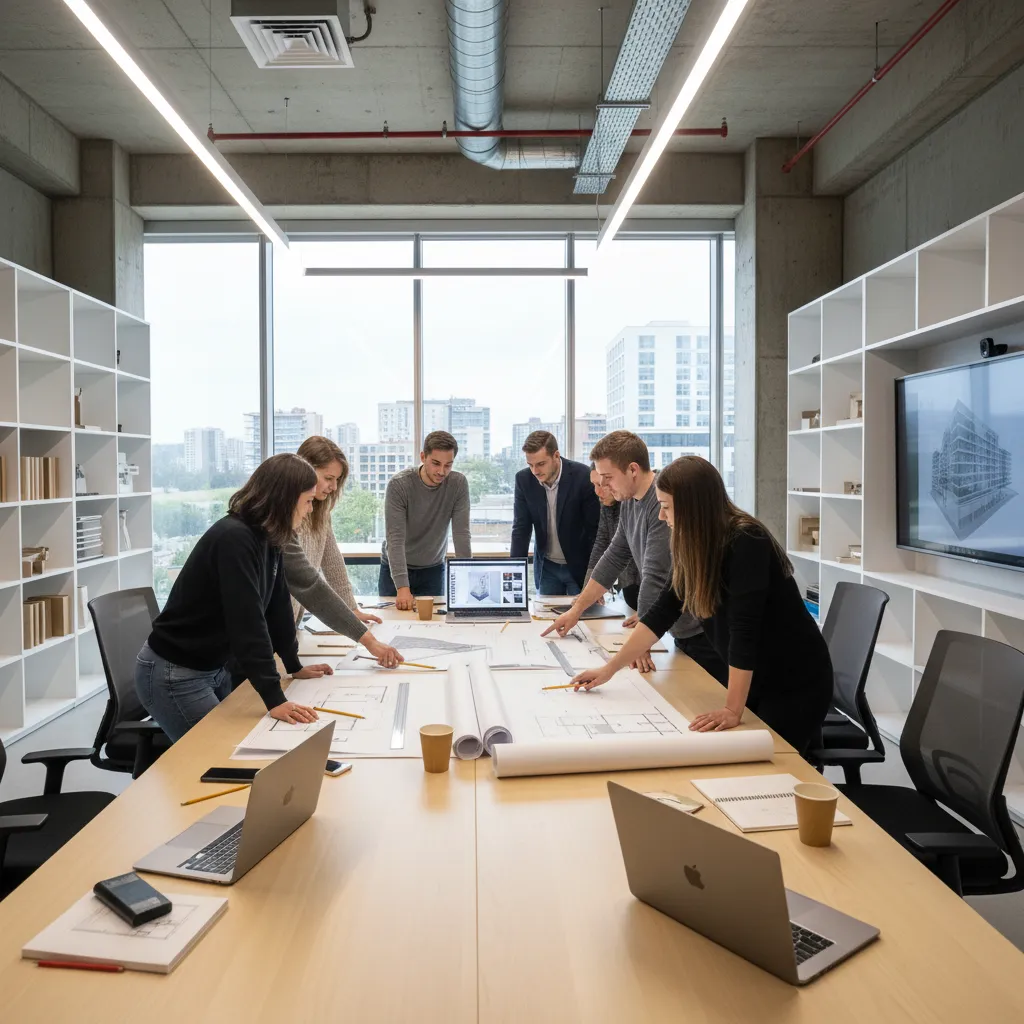 Group of people standing around wooden table discussing floor plans in a bright white office
