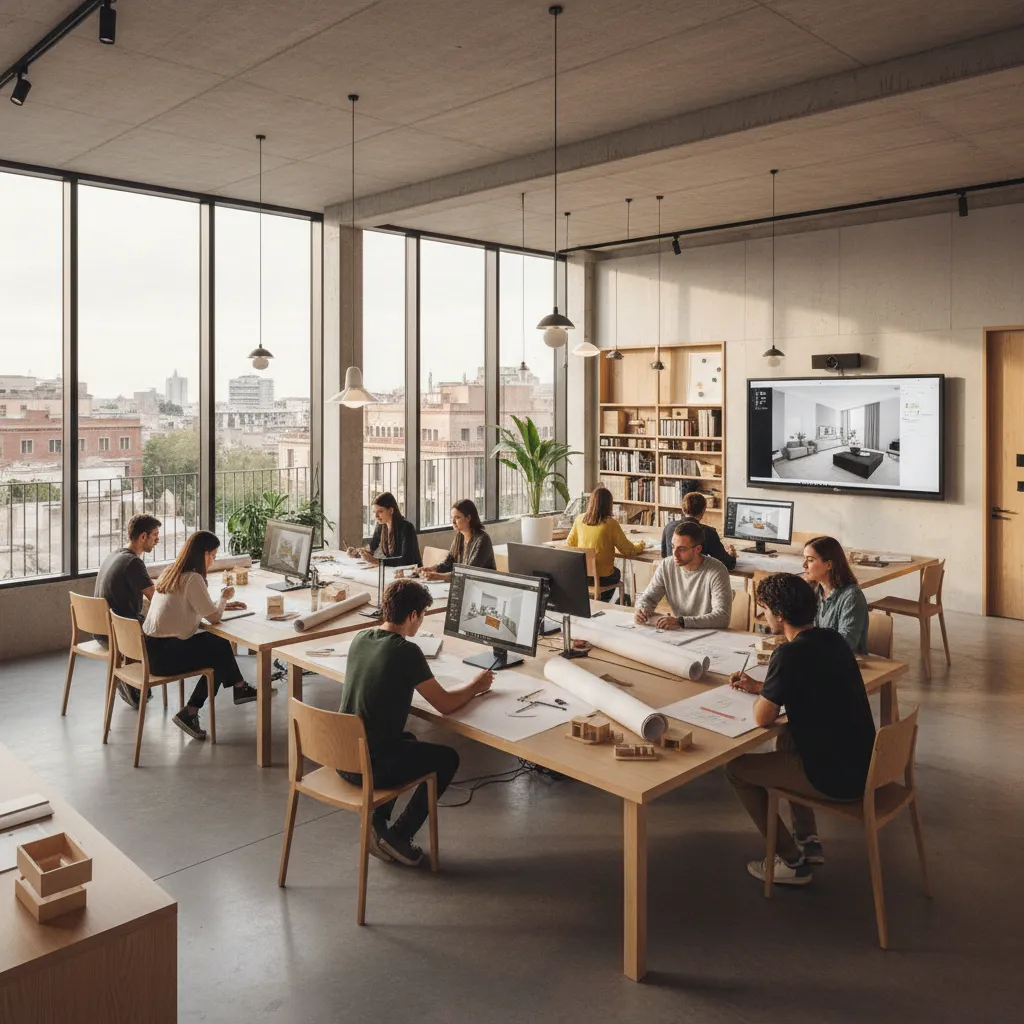 Interior design studio with people working on computers and paper drawings at large wooden tables