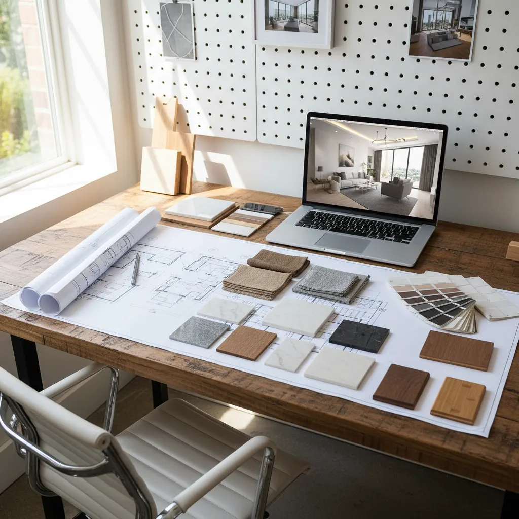 Mesa de trabajo con planos de interiorismo, muestras de materiales y ordenador portátil