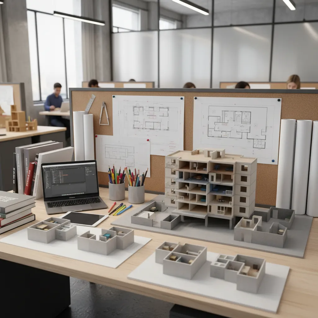 Office desk with miniature house models floor plans on wall laptop and various colorful pencils