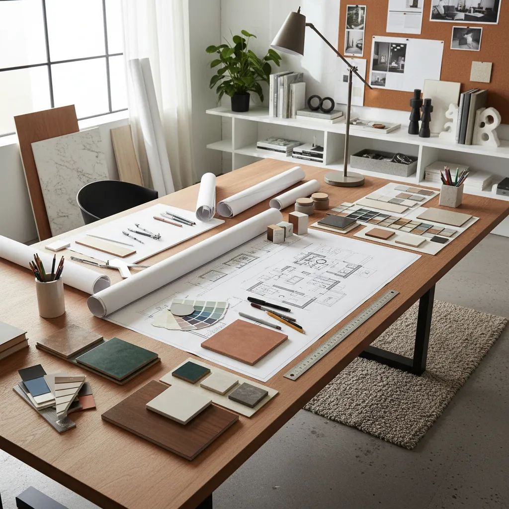 Designer desk with floor plan drawings color swatches material samples and pencils in a studio