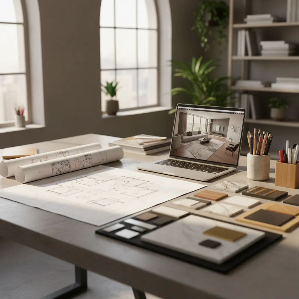 Mesa de trabajo con planos de interiorismo, muestras de materiales y portátil con modelo 3D