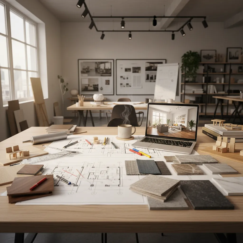 Desk with room layout plans material samples and laptop showing a modern interior design drawing