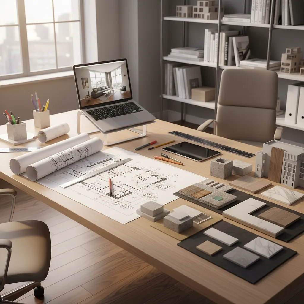 Mesa de trabajo con planos de diseño de interiores, muestras de materiales y laptop con modelo 3D