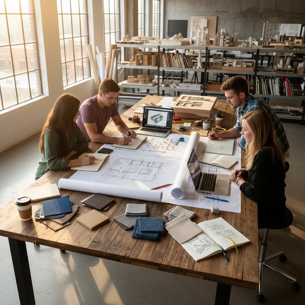 Estudiantes de interiorismo analizando planos y materiales en una mesa de trabajo