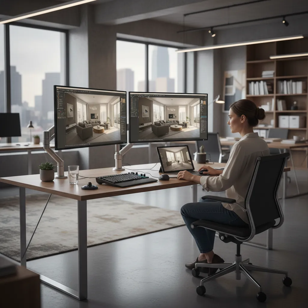 Woman working at computer desk creating interior design drawing with two screens in modern office