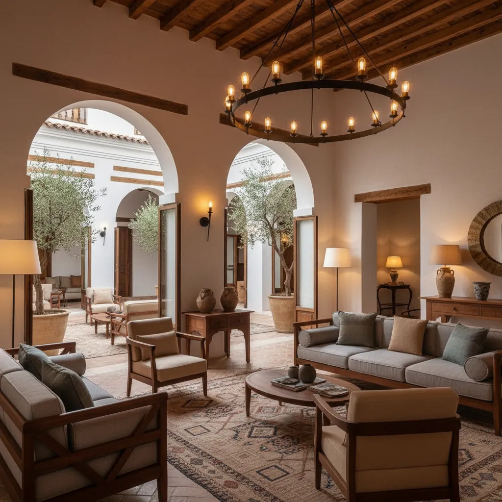 Large living room with round ceiling light sofas armchairs rug and arched openings to courtyard